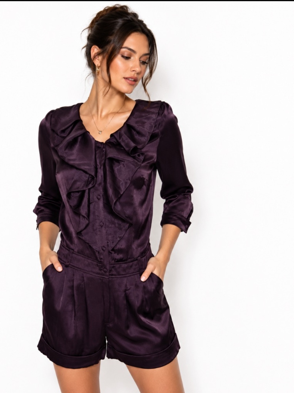 Moon Collection NEW Plum Purple Ruffle Pockets Whimsigoth Romantic Romper Size M